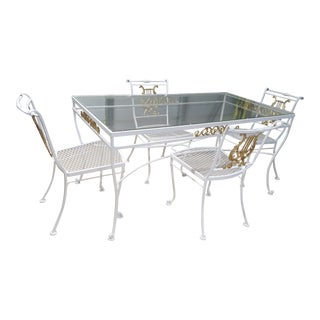 Wrought Iron & Aluminum Dining Table & 4 White & Gold Lyre Back Chairs For Sale