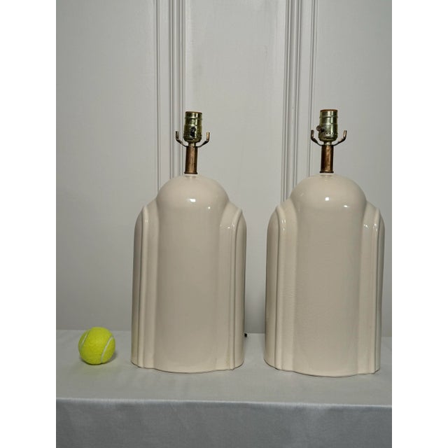 Pair of Art Deco Cream Color Glazed Ceramic Table Lamp Bases For Sale In Houston - Image 6 of 12