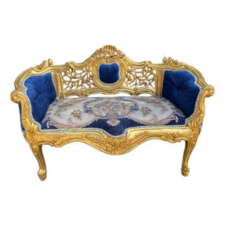Late 20thC Louis XVI Gilded Blue Beech Settee, Upholstered, 1 Piece For Sale