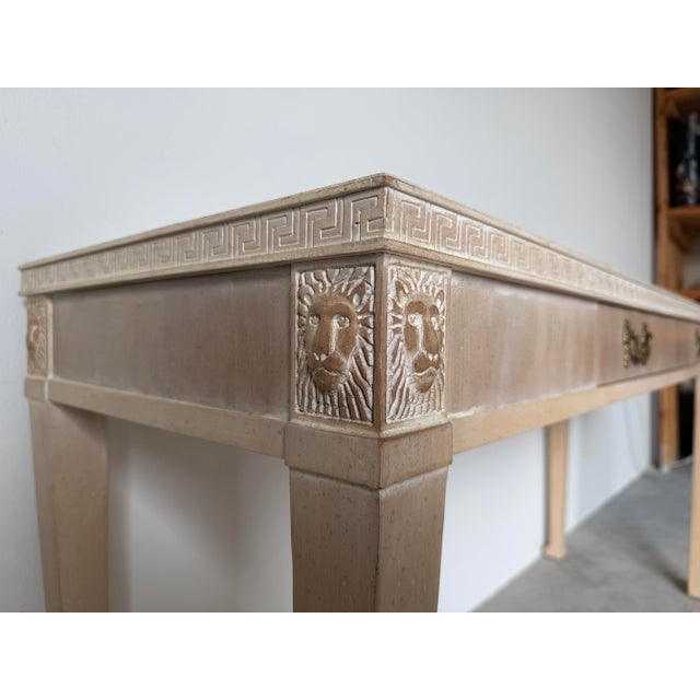 1970s Vintage Italian Neoclassical Style Console Table With Lion Head Carvings & Greek Key Motif For Sale - Image 5 of 12
