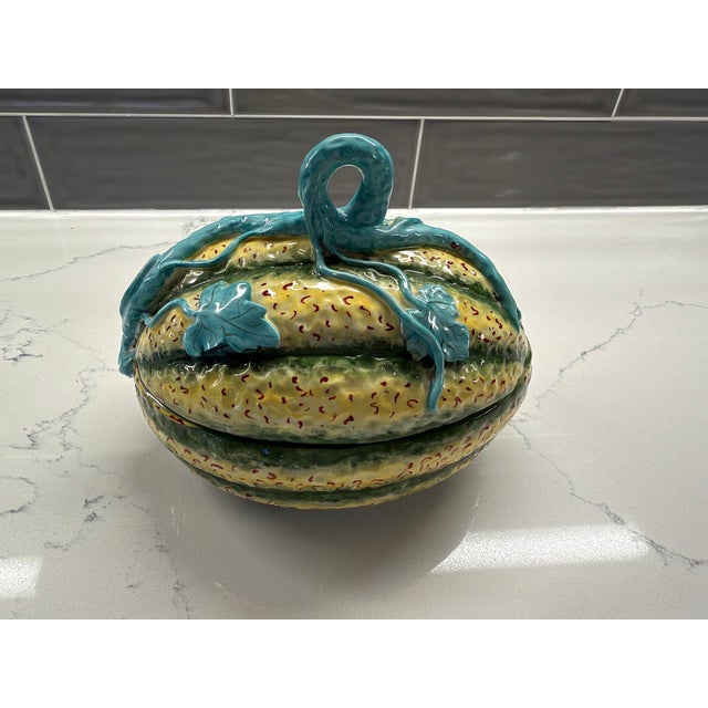 Italian Vintage Italian Majolica Melon Tureen With Lid Hand Painted Ceramic Serving Bowl with Turquoise Vine & Leaf Detail For Sale - Image 3 of 8