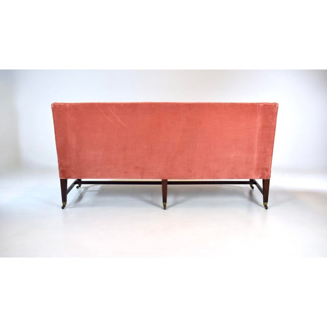 Salmon Classic Vintage Hepplewhite Velvet Sofa on Brass Casters For Sale - Image 8 of 12
