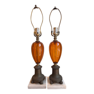 Pair of Mid 20th Century Empire Style Glass & Metal Lamps