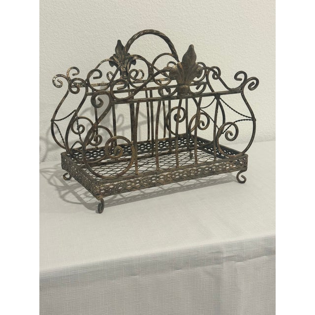 Metal Vintage Fleur De Lis French-New Orleans-Victorian Style Iron Magazine Rack Caddy For Sale - Image 7 of 10