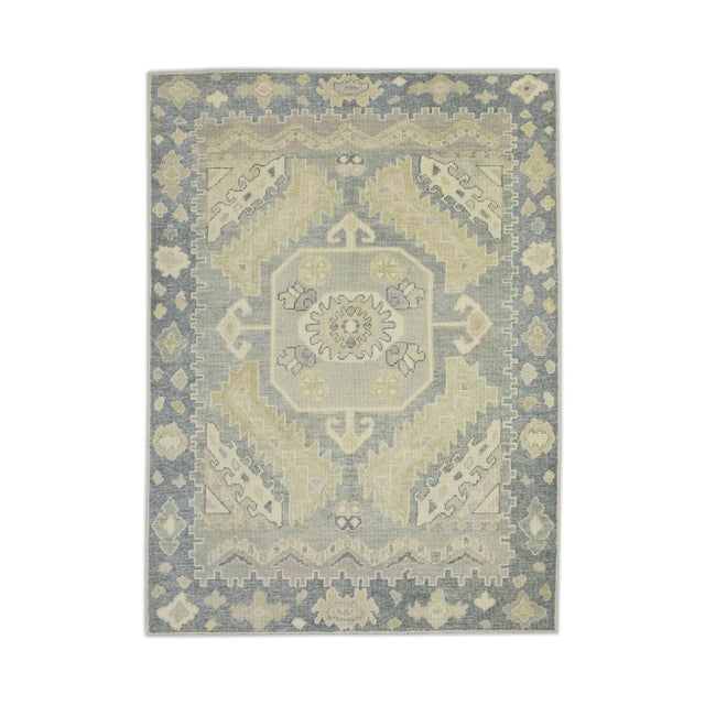 Textile Early 21st Century Green & Gray Geometric Design Handwoven Wool Turkish Oushak Rug 4'9" X 6'1" For Sale - Image 7 of 7