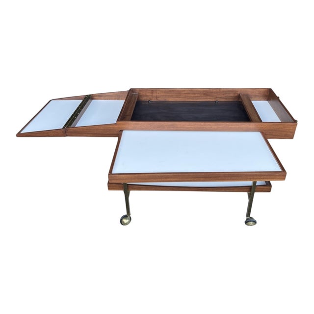 Paul McCobb Style Mid-Century Walnut Bar Cart With Brass Accents For Sale - Image 11 of 14