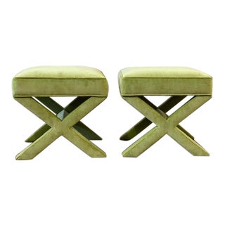 Mid-Century Green X Base Ottomans - a Pair For Sale