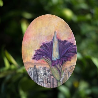 Perpetual Foreigner Corpse by Cindy Shih | Mixed Media on Panel Flower with cityscape background For Sale