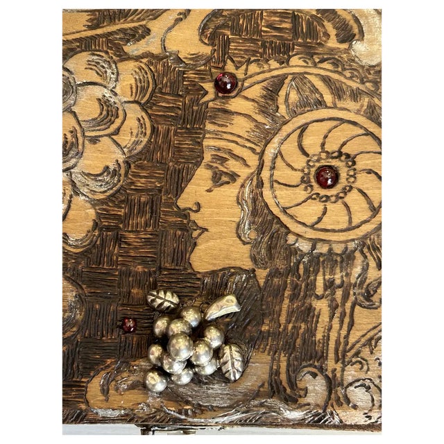 Antique Art Nouveau Flemish box with a burned etching called pyography. I attached the vintage sterling grape bunch and...