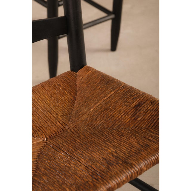 Set of 6 Antique Shaker Ladder Back Dining Chairs | Ebonized Wood, Hand-Woven Rush Seats For Sale - Image 12 of 14