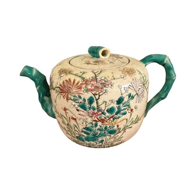 Vintage Japanese Satsuma Style Tea Set Hand Painted Floral Crackle Glaze Green Handles - Set of 7 For Sale - Image 10 of 12