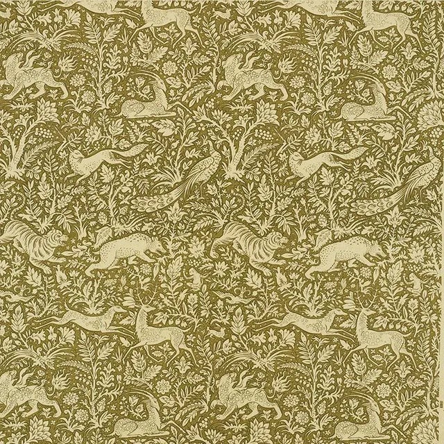 A veritable bestiary of stylized animals, this linen and cotton blend recalls a medieval tapestry with elongated forms of...