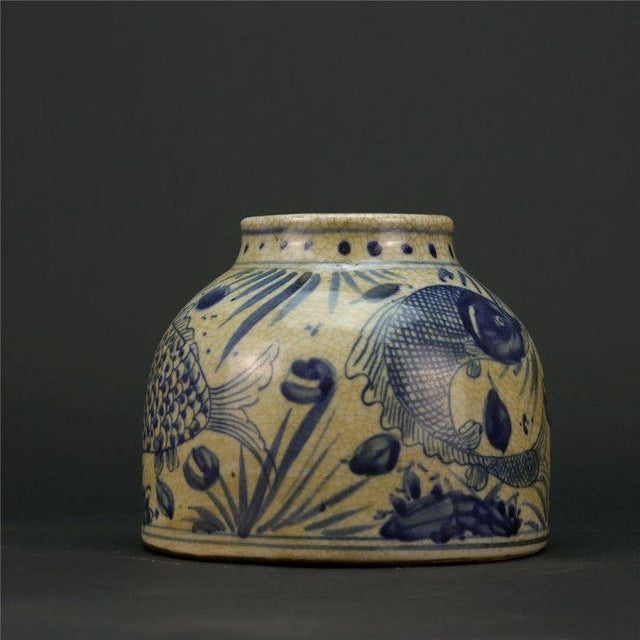 Vintage Blue & White Porcelain Jar With Koi Fish Motif - 4.2" For Sale - Image 4 of 6