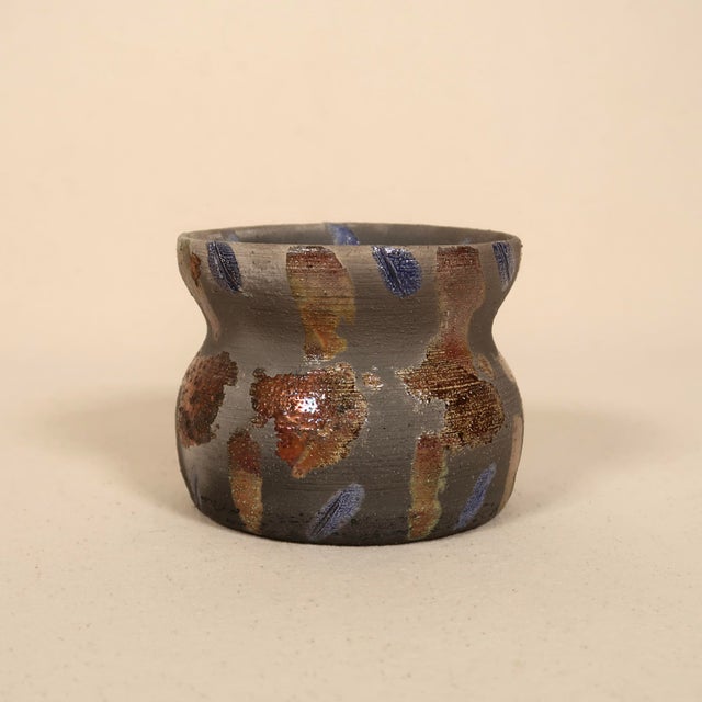 Signed Studio Pottery Raku Ceramic Vessel With Metallic Copper Glaze and Abstract Brushwork For Sale In Tulsa - Image 6 of 17