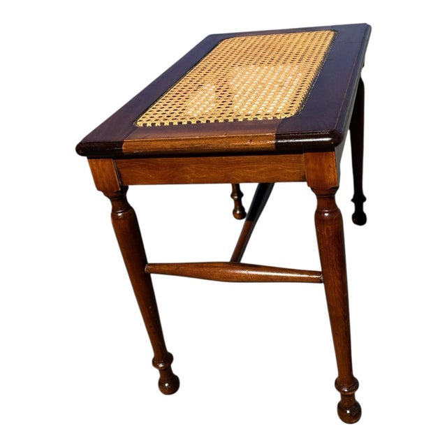 1930s Antique Victorian Pre-1930 Caned Bench Woven Cane Seat Piano Hall Bench Wood For Sale - Image 5 of 18