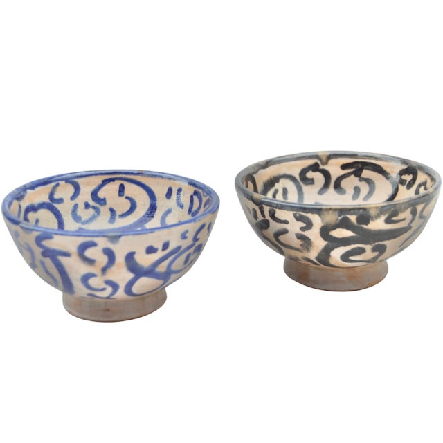 Antique Moroccan Blue & Black Calligraphy Ceramic Bowls - 2 Pieces For Sale - Image 4 of 9