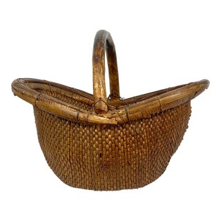 Large Rustic Hand Woven Traditional Wicker Basket With Handle For Sale