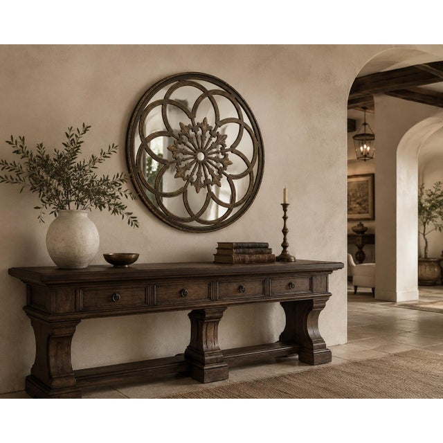 Aged Bronze Gothic Rosette Round Wall Mirror Architectural in scale and richly dimensional, this substantial round wall...
