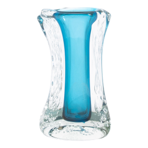 Hand-Blown Murano Modern Fluid Vase in Aquamarine Blue With Bubbles