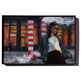 Dividing Lines by Stefan Smit | Oil on Panel Woman standing in front of striped columns in a cityscape. For Sale