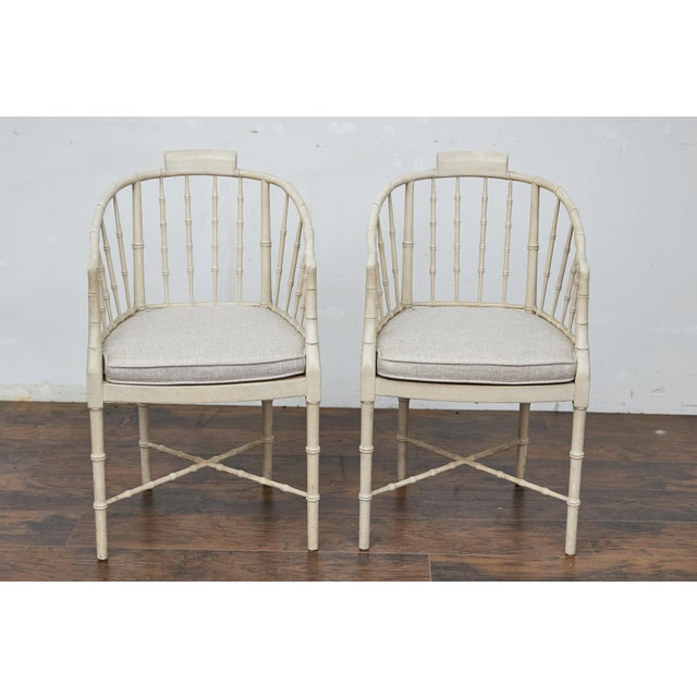 Pair of Baker Furniture Faux Bamboo Upholstered Armchairs in Soft White Finish For Sale In Atlanta - Image 6 of 12