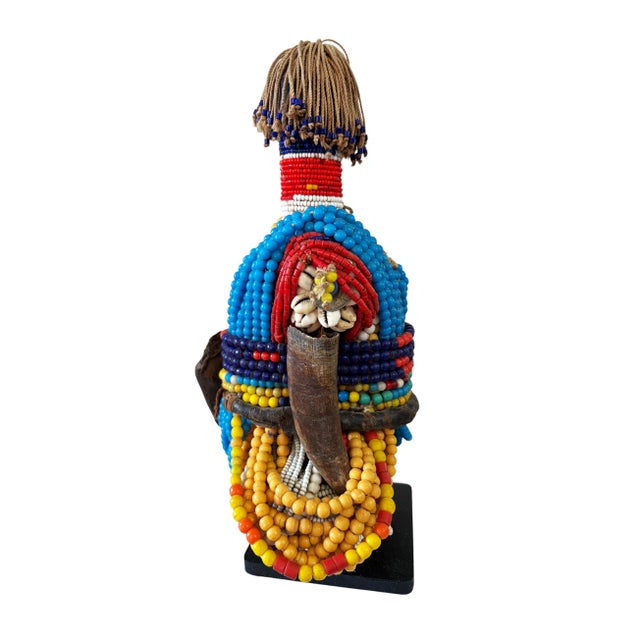 African Vintage African Beaded Namji Twin Fertility Dolls Cameroon 12" H W/Wood Stand For Sale - Image 3 of 9
