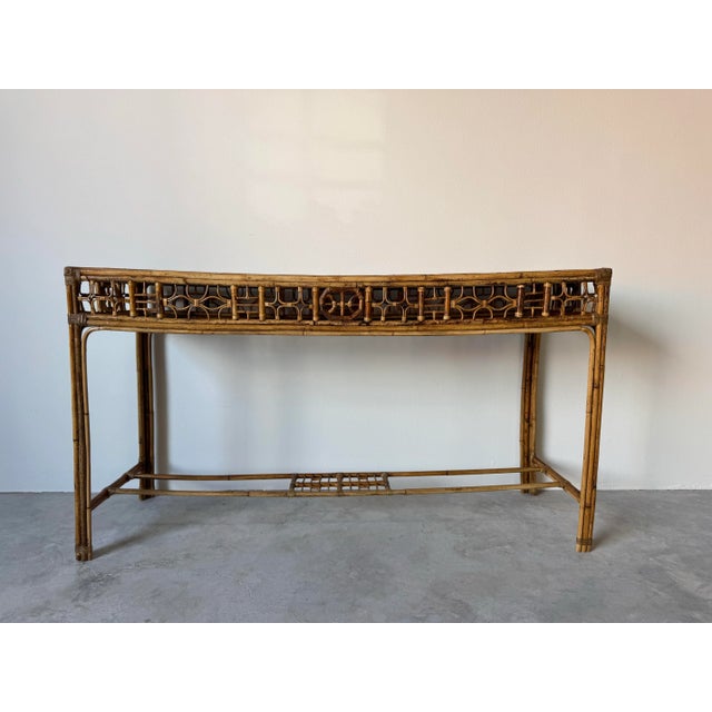 Vintage Bamboo & Leather Chinese Chippendale Fretwork Console Table With Parquet Top/Sold For Sale - Image 4 of 12