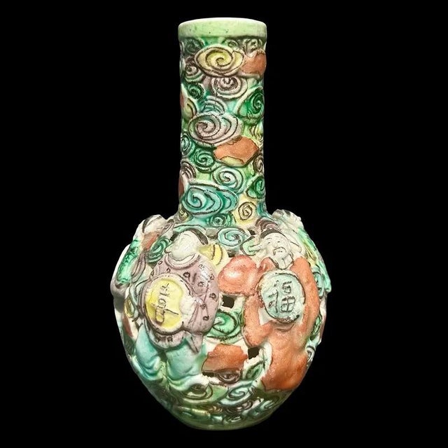 Late 19th Century Chinese Qing Dynasty Famille Rose Reticulated Porcelain Vase Eight Immortals Fencai Antique Bottle Vase For Sale - Image 5 of 9