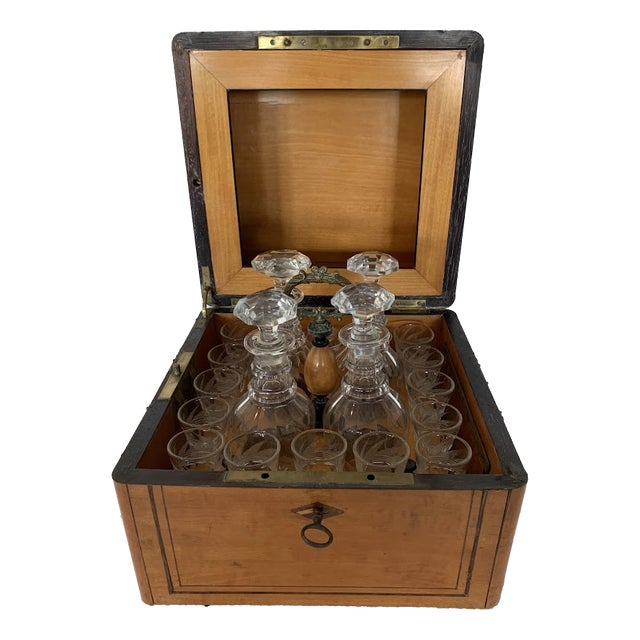 Charles X Style Liquor Cabinet in Lemonwood Veneer, 1800s, Set of 19 For Sale