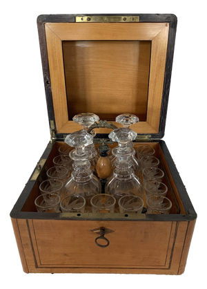 Charles X Style Liquor Cabinet in Lemonwood Veneer, 1800s, Set of 19