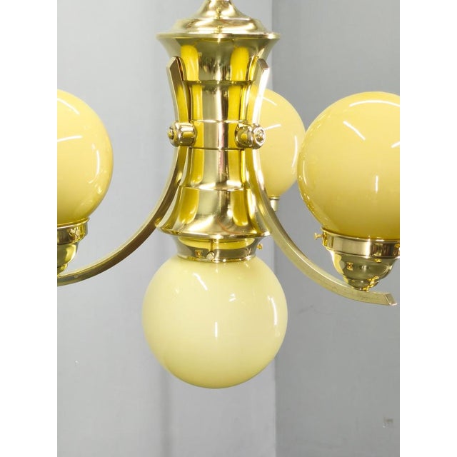 Art Deco Brass and Opaline Glass Chandelier, 1930s For Sale - Image 6 of 14
