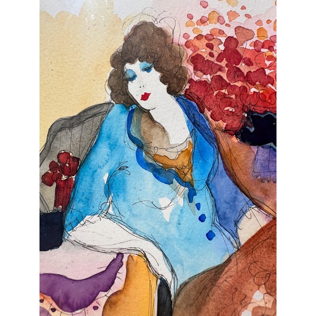 Paper Itzchak Tarkay Original Watercolor Painting "Thinking of Love" - Signed & Framed For Sale - Image 7 of 7