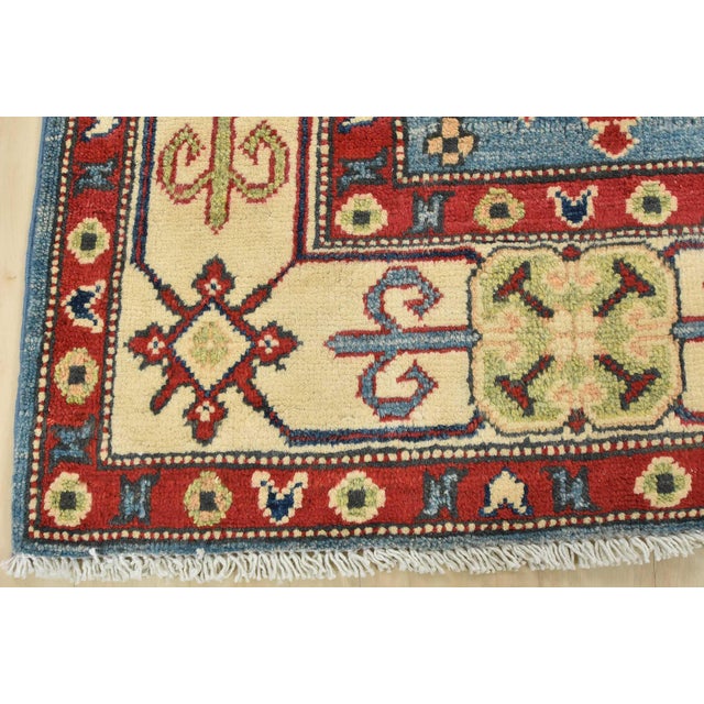 Kazak Rug 4′ X 5’10” Blue Wool Tribal Hand-Knotted Oriental Carpet For Sale - Image 9 of 12