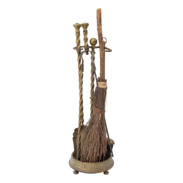 Victorian Style Brass Fireplace Tools Set, 5 Pieces For Sale