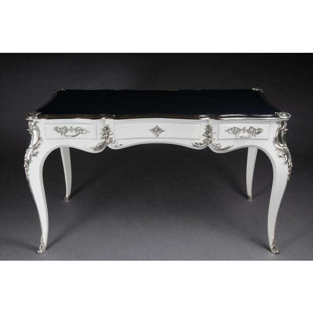 Wood Vintage Writing Desk in High Gloss White and Silver For Sale - Image 7 of 18