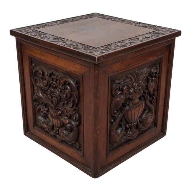 Vintage Black Forest Hand Carved Wood Box With Dolphin and Urn Decorations For Sale