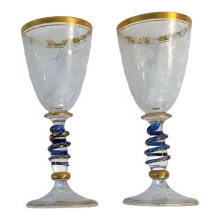 Bohemian Art Glass Wine Glasses With Cobalt Serpent Attributed to Harrach Bohemian Glass For Sale