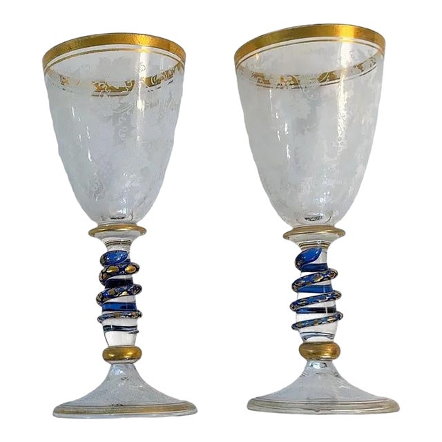 Bohemian Art Glass Wine Glasses With Cobalt Serpent Attributed to Harrach Bohemian Glass For Sale