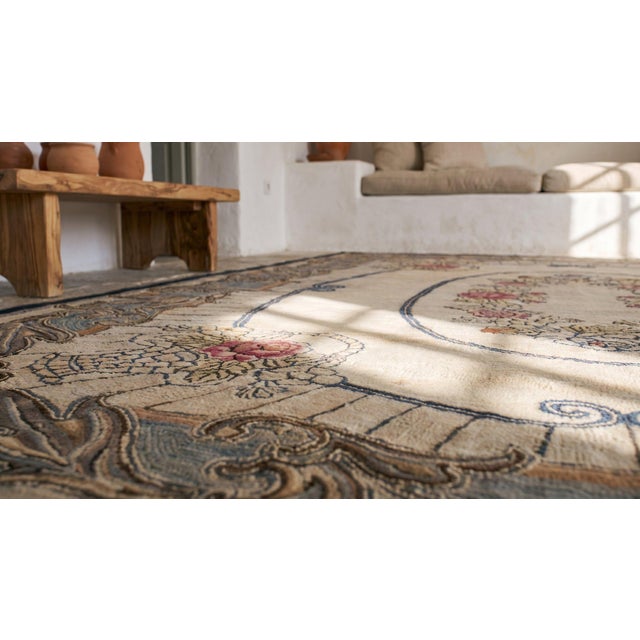 Textile Amazing Ivory Ground Color Wiht Flower Details in the Center in a Medallion/Crest Design American Hooked Rug For Sale - Image 7 of 8