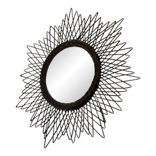 Vintage French Sunburst Mirror in Ebonized Wicker With Convex Glass, Circa 1950s For Sale