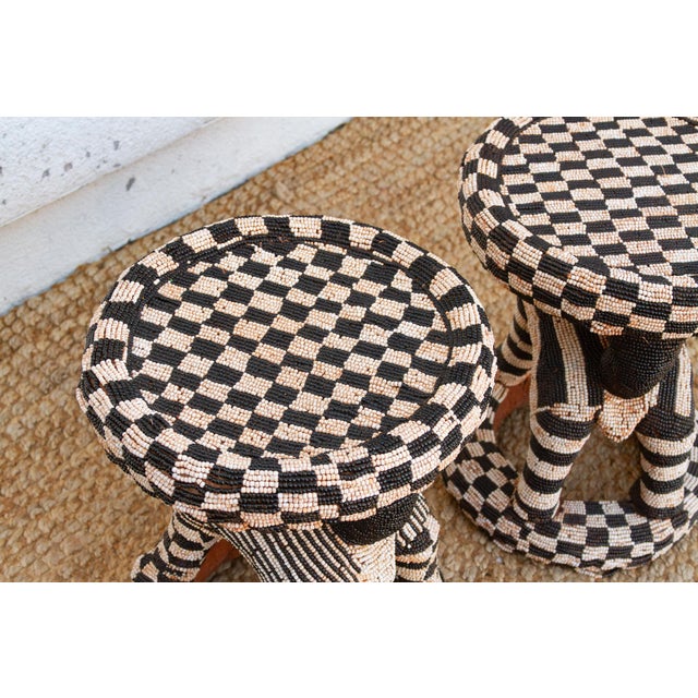 African Pair of Vintage Beaded Bamileke Leopard Stools For Sale - Image 3 of 10