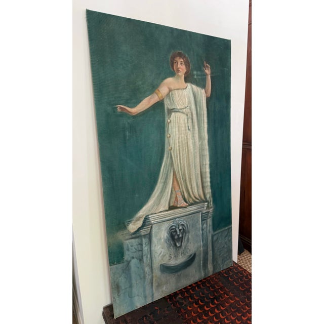 Fantastic original large-scale mid-century portrait painting of the ancient Greek poet Sappho, shown standing atop a stone...