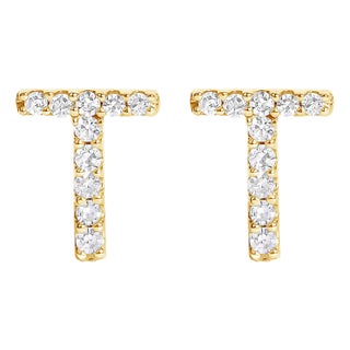 10K Yellow Gold 1/10 Cttw Diamond 'T' Initial Stud Earring For Sale