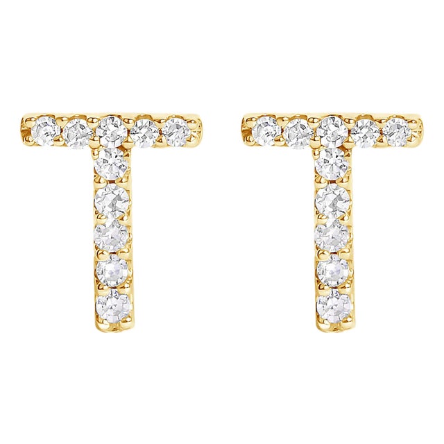 10K Yellow Gold 1/10 Cttw Diamond 'T' Initial Stud Earring For Sale