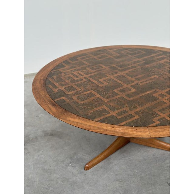 Vintage Wood Coffee Table with Etched Brass Top, 1970s For Sale - Image 10 of 14