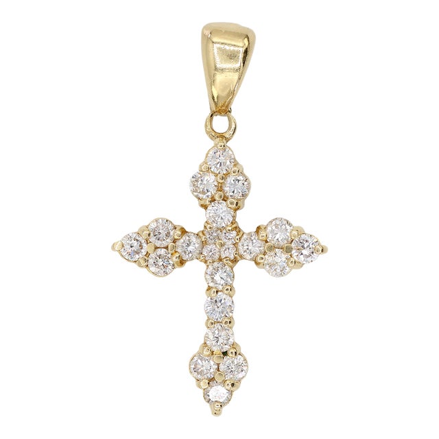 14k(585) Solid Yellow Gold Natural Diamond Cross Pendant For Sale