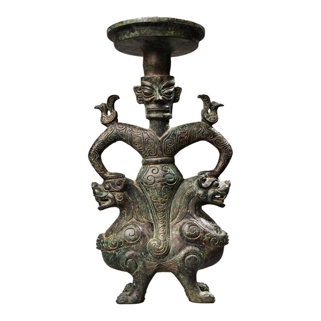 Vintage Archaic Bronze Human-Form Oil Lamp – Figural Beast Base For Sale