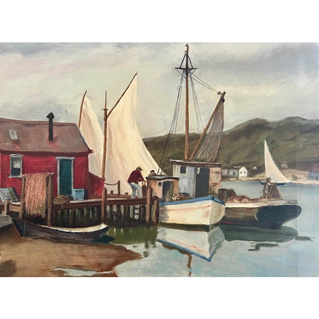Traditional The Red Boat House, Fishing Boats, New England Harbor Painting, Unframed by Reams For Sale - Image 3 of 9
