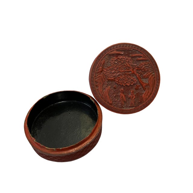 Vintage Chinese Red Resin Lacquer Round Carving Small Accent Box | Chairish
