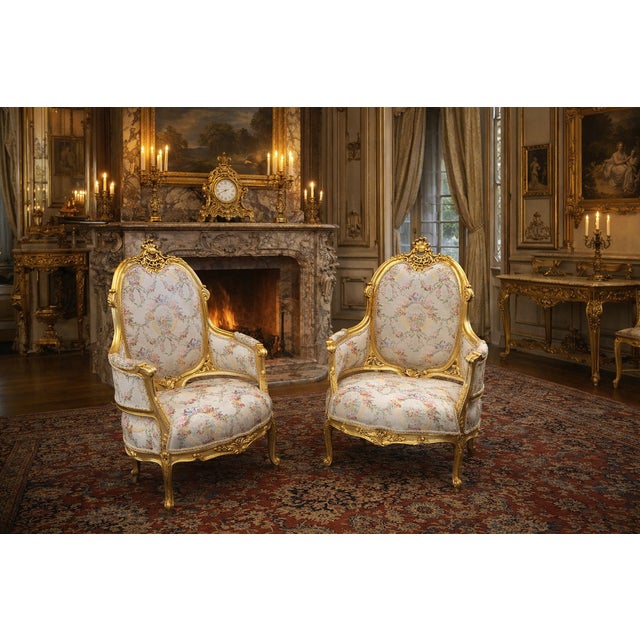 1970 French Louis XVI Gold Beech Damask Bergères - Pair For Sale - Image 4 of 14